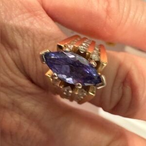 Tanzanite 1.5 ct Marquise and round .40 ct diamond  ring size 7.5 14k gold